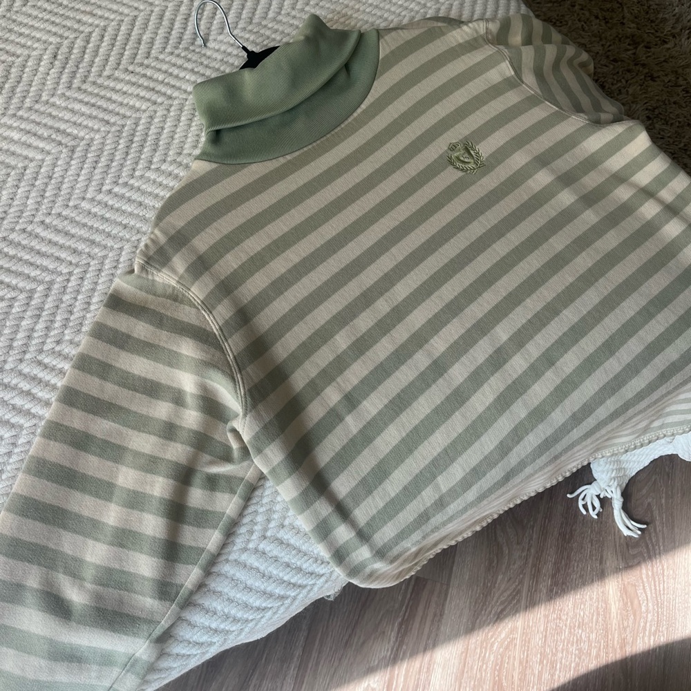 Vintage Sage and Cream Striped Turtleneck Sweater